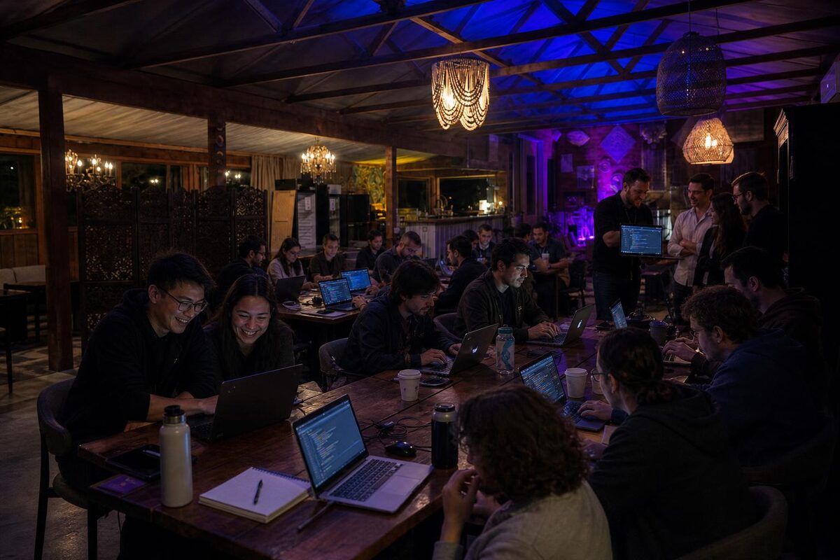 People working on laptops at long tables in an evening coding lounge