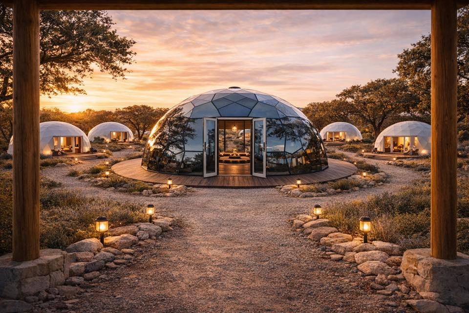 Geodesic domes on the grounds at golden hour