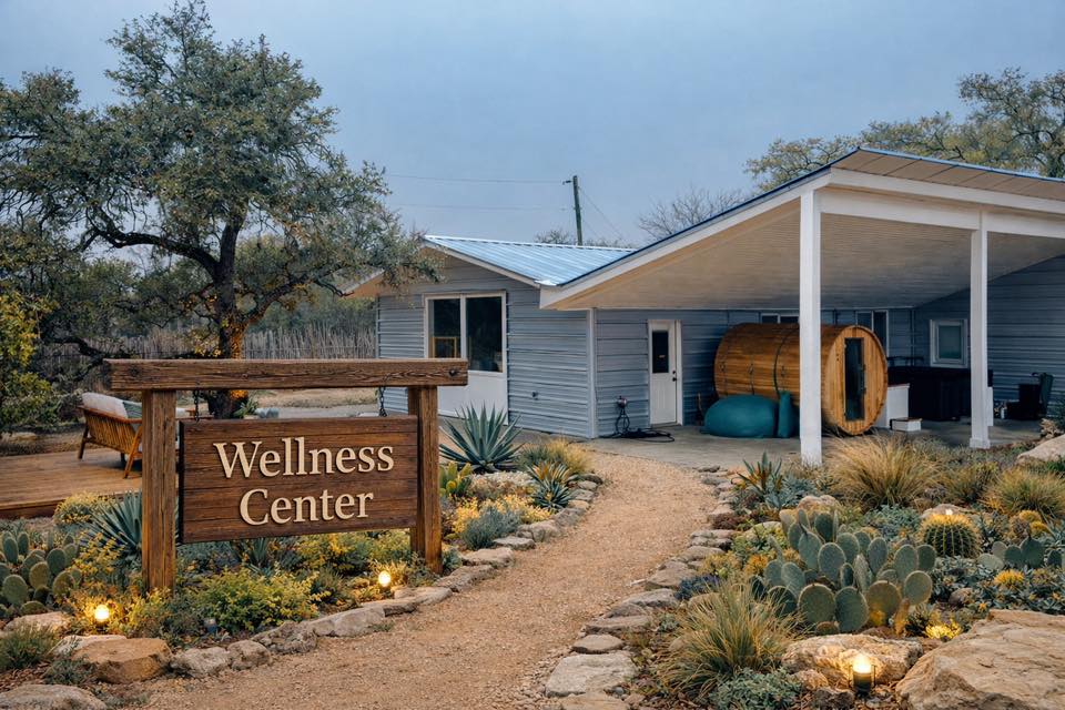 The Wellness Center at AWKN Ranch with a barrel sauna and desert garden