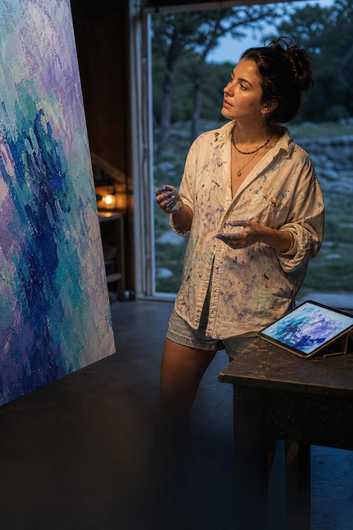 An artist beside a large blue and lavender canvas in an open barn studio